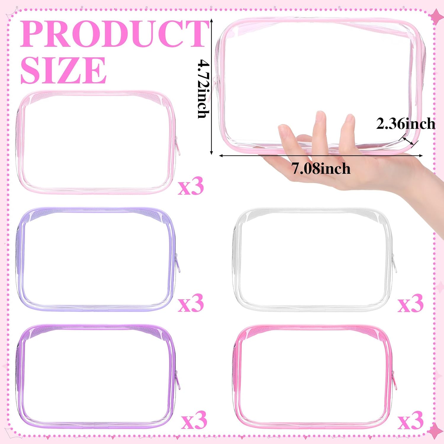 Shinylin 15 Pcs Clear Makeup Bag with Zipper PVC Toiletry Bag Portable Waterproof Make up Pouches Clear Makeup Case Organizer for Women Travel Toiletries Bathroom Organizing (Pink and Purple)