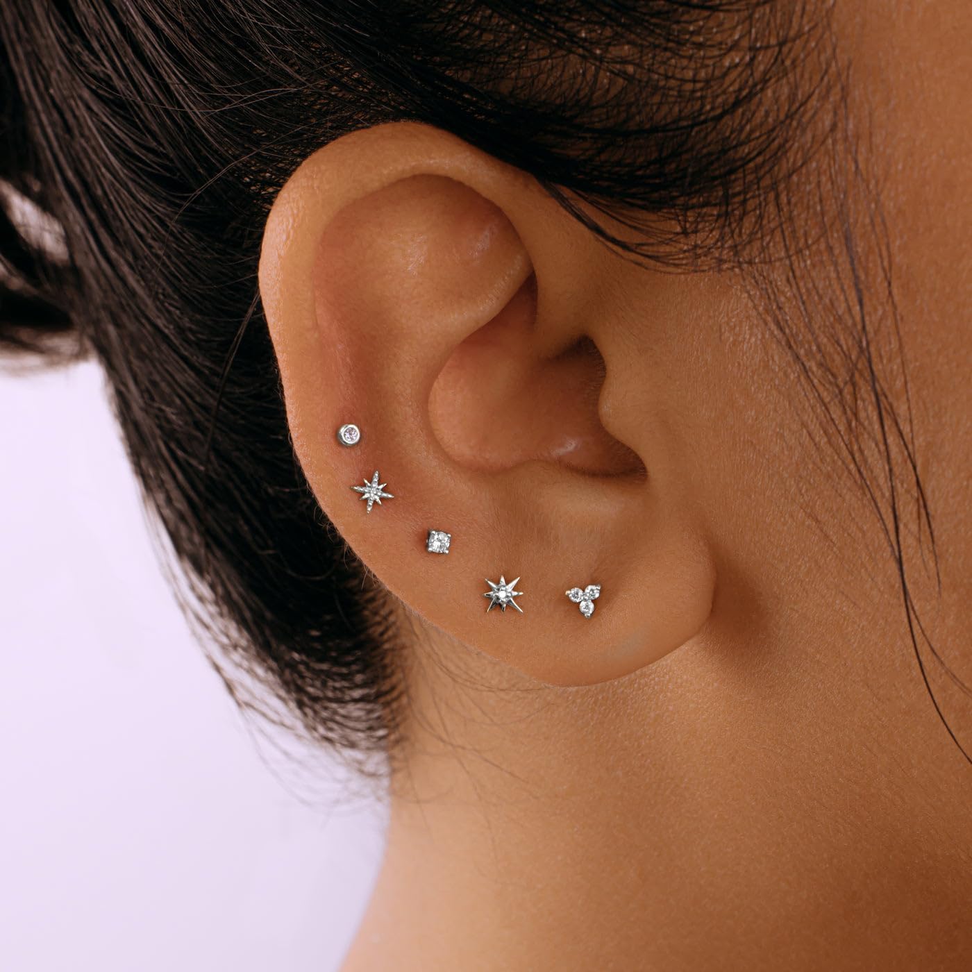 14K Yellow/White/Rose Gold Threadless Earring Top Push in 1 Pcs Triple Clear CZ Flat Back Nose Stud Threadless Cartilage Earring Helix Stud Tragus Piercing Jewelry for Women 6mm/8mm