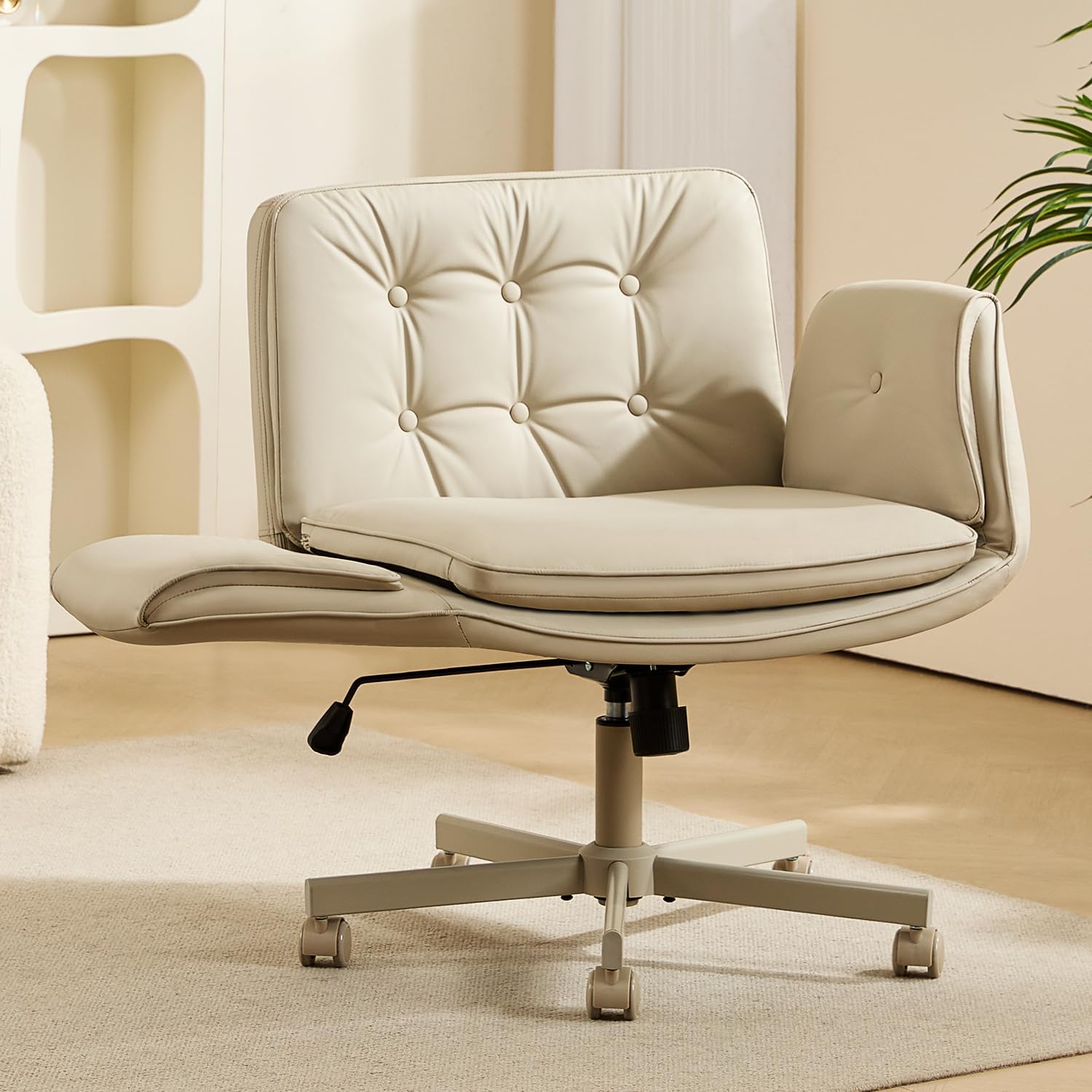 amseatec Criss Cross Chair with Armrests & Wheels, PU Leather ADHD Home Office Desk Chair, Comfortable Lounge Chair for Home, Make Up, Bed Room, 5-Gear Adjustable Arm,Wide Seat,Swivel(Cream/Beige)