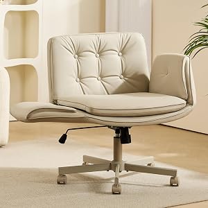 Criss Cross Chair with Armrests & Wheels, PU Leather Criss Cross Office Chair, Comfortable Adjustable Wide Swivel Computer Office Desk Chairs for Home, Make Up, Bed Room(Cream)
