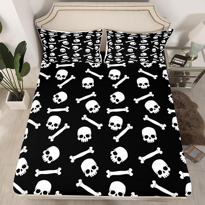 Erosebridal Sugar Skull Fitted Sheet Twin,Gothic Skeleton Bones Bed Sheets for Kids Boys Girls,Halloween Horror Theme Bedding Set,Black White Sheets 2 Pcs with 1 Pillow Case Deep Pocket