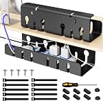 7 code Cable Management Under Desk, Set of 2 Stainless Steel Cable Organizer with Desk Accessories, Under Desk Storage, Cable Ties Cord Organizer, Desk Cable Management Box for Office, Home, Black