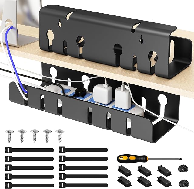 7 code Cable Management Under Desk, Set of 2 Stainless Steel Cable Organizer with Desk Accessories, Under Desk Storage, Cable Ties Cord Organizer, Desk Cable Management Box for Office, Home, Black