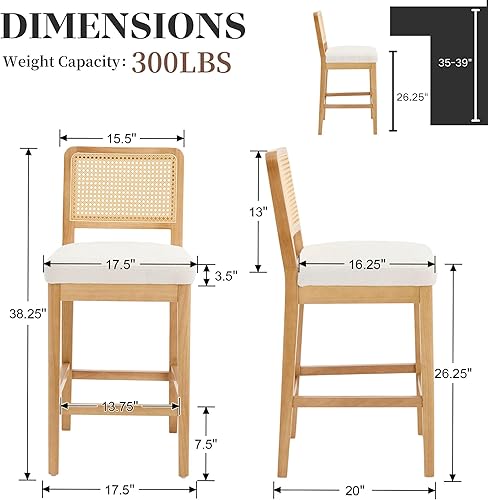 Miniatura 2 de Wahson Juego de 2 taburetes de bar de altura de mostrador, taburete de bar de ratán de granja con respaldo, taburetes de bar tapizados de madera de