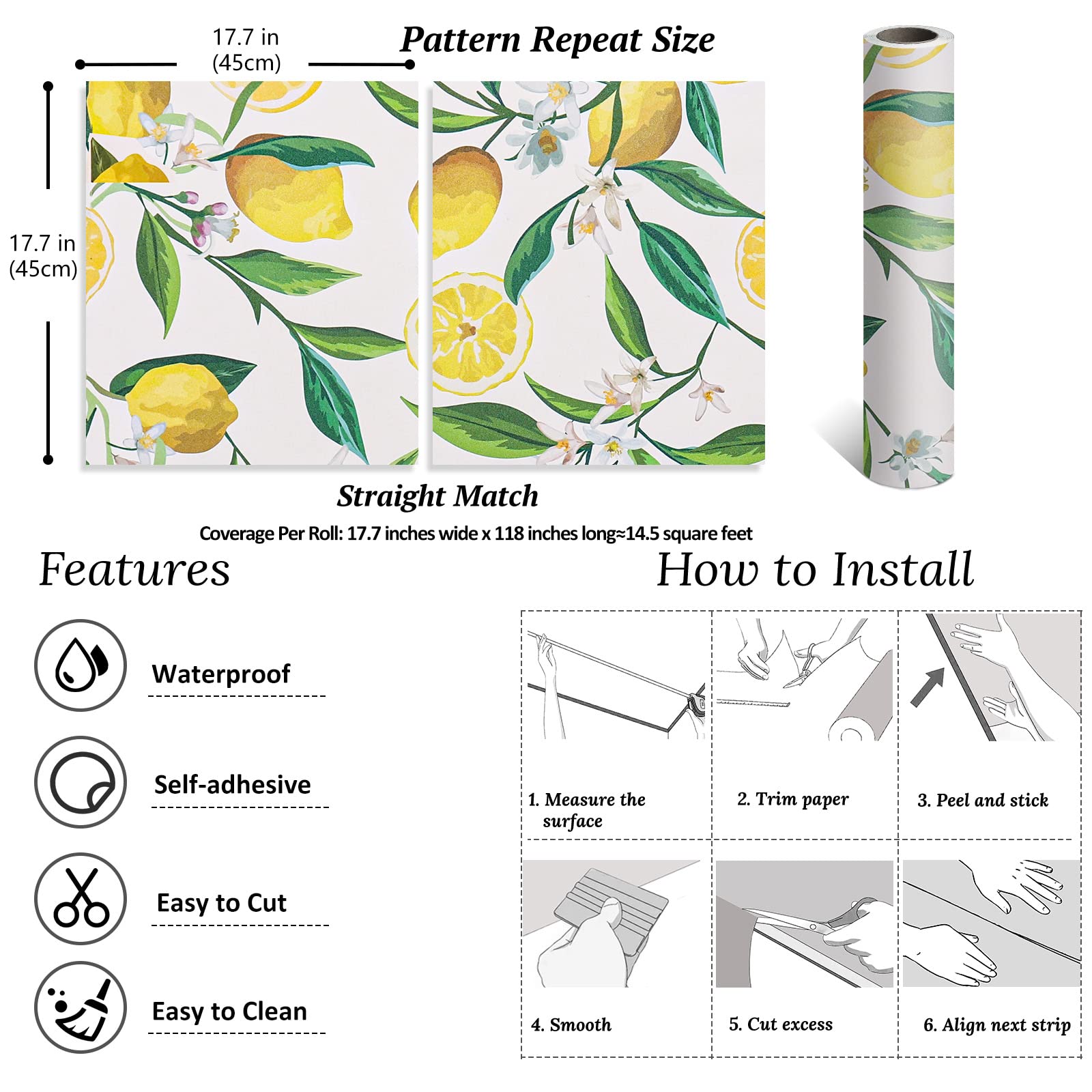 VEELIKE Papel Pintado Flores Limón Amarillas 44.5×900cm Papel Autoadhesivo Pared Floral Papel Pared Hojas Tropicales Fotomurales Decorativos Pared Cocina Lavable Papel Tapiz Baño Dormitorio Armarios