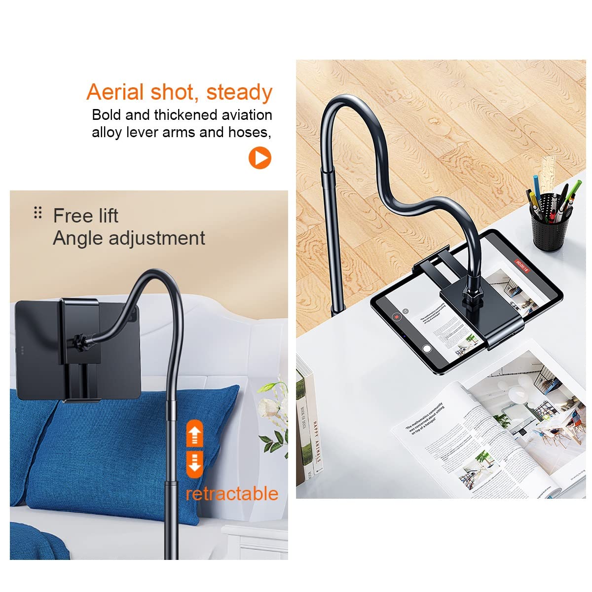 Soporte de cuello de cisne ajustable en altura para dispositivos de 4 a 10.9 pulgadas, altura ajustable de 1.4 m, soporte perfecto para leer, ver y videollamadas