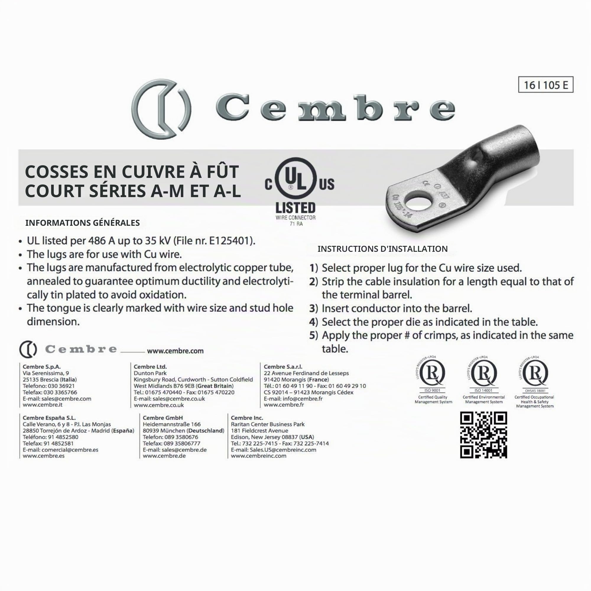 Cembre 10x Cosses Tubulaires A14-M10 70 mm² en Cuivre Étamé | Connecteurs de câbles non isolés pour installations électriques sûres, certifiés EN 13600, pour maison, garage et auto
