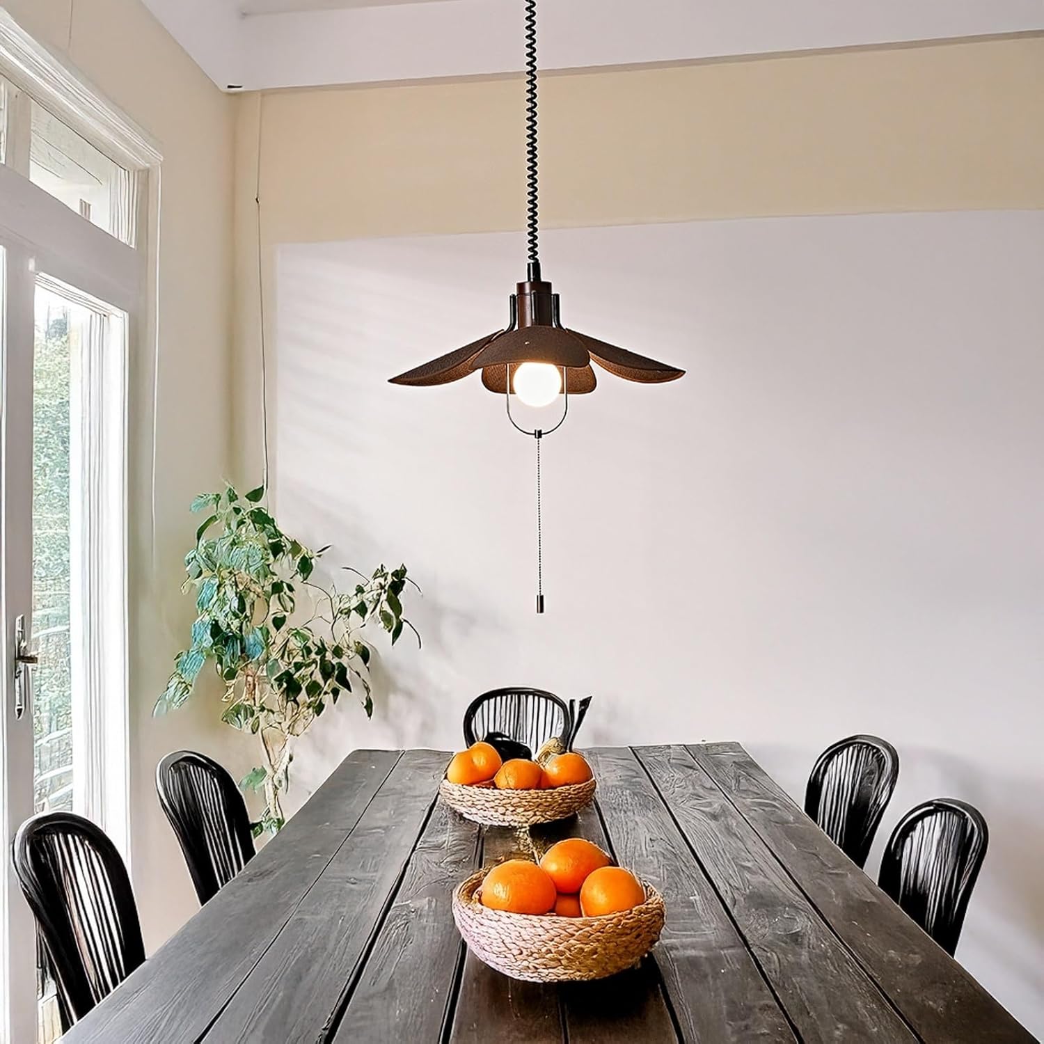 Nordic Pendant Light, Linen Petal Shade, Solid Wood Hanging Lamp with Pull Chain and Adjustable Cord, 20.5", Farmhouse Ceiling Light for Dining Room Living Room Bedroom Parlour(Beige)