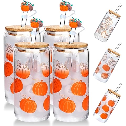 ANOTION Cute Glass Cups - Color Changing Cups with Lids and Straws Unique Autumn Decor & Iced Coffee Cup Fall Decor Pumpkin Mug with Pumpkin Decor Thanksgiving Fall Wedding Tumbler Fall Mugs, 4 Packs