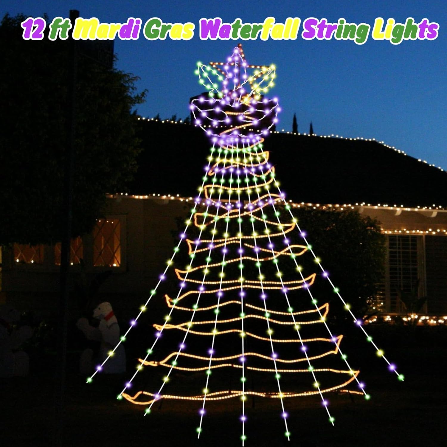 12ft Mardi Gras Lights Decorations - Green Purple Gold Mardi Gras Fleur De Lis Mask String Light Outdoor 330 LEDs Waterfall Lights for Tree Garden Yard Party Decor