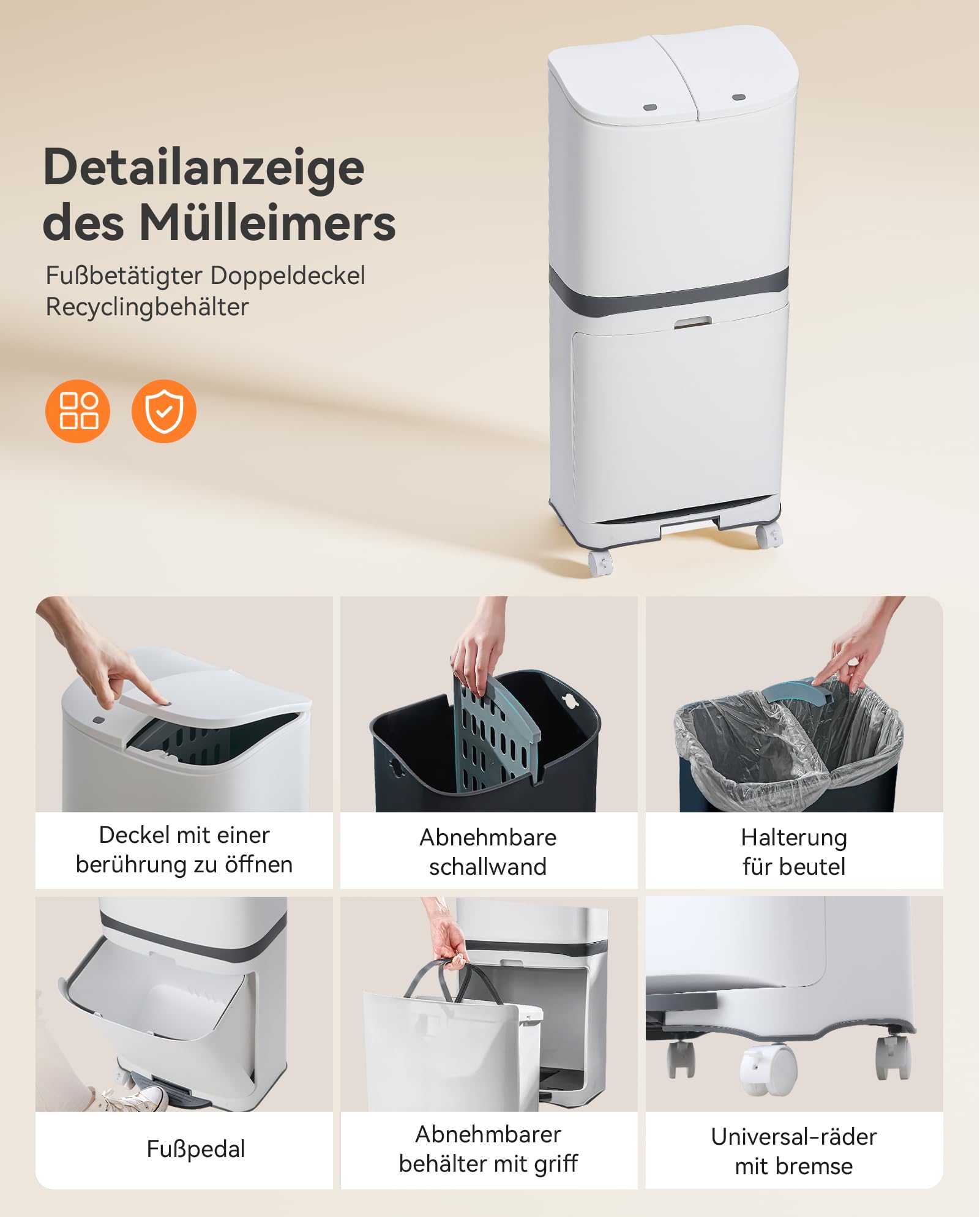 Warmiehomy Mülleimer Küche 2 Fächer, 36x20x79cm 48 Liter Große Doppelmülleimer aus Kunststoff Mülltrennsystem, Integrierter abnehmbarer Mülleimer mit Deckel auf Rädern Abfalleimer Küche (Weiß)