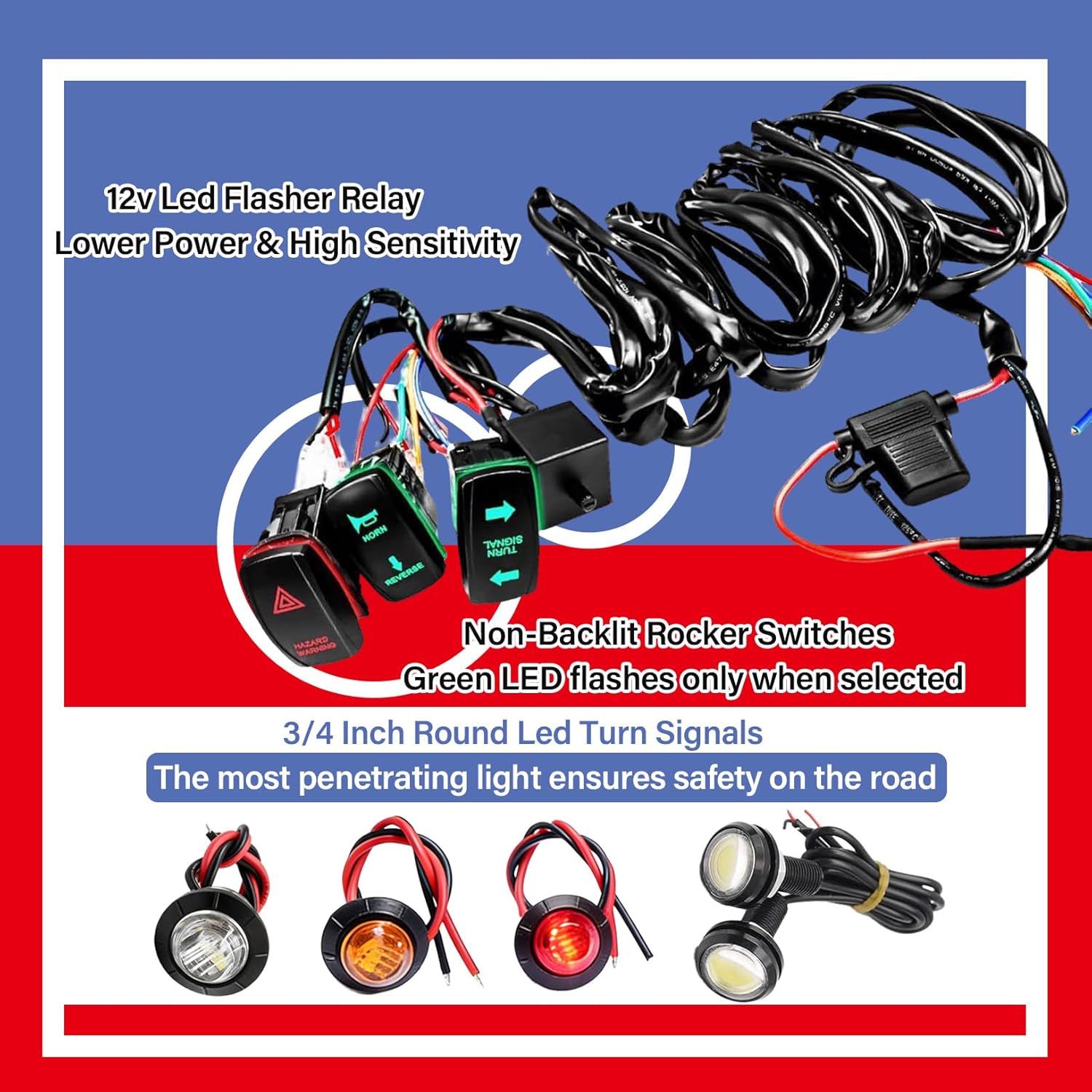 Universal ATV UTV Turn Signal Kit Street Legal,Horn Reverse Hazard Turn Light Rocker Switch,Plug and Play Side by Side Blinker Kit,Compatible With Polaris Can-Am Golf Cart Kawasaki, Pionee