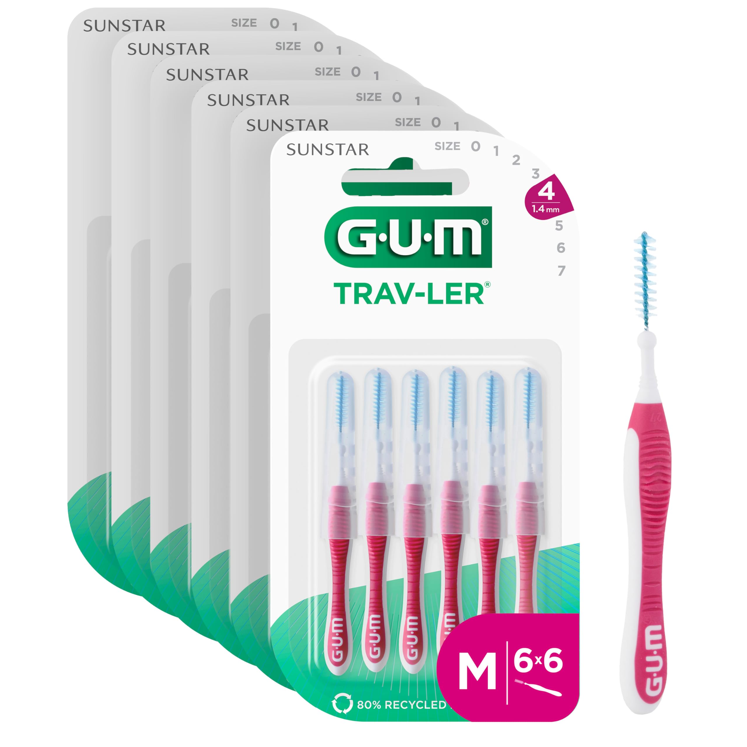 GUM TRAV-LER Profesjonalne Szczotki Międzydentystyczne | Włosie z ochroną antybakteryjną | Powlekany drut metalowy | Miękki uchwyt | Rozmiar 1,4 mm ISO 4 (6 opakowań po 6 sztuk)
