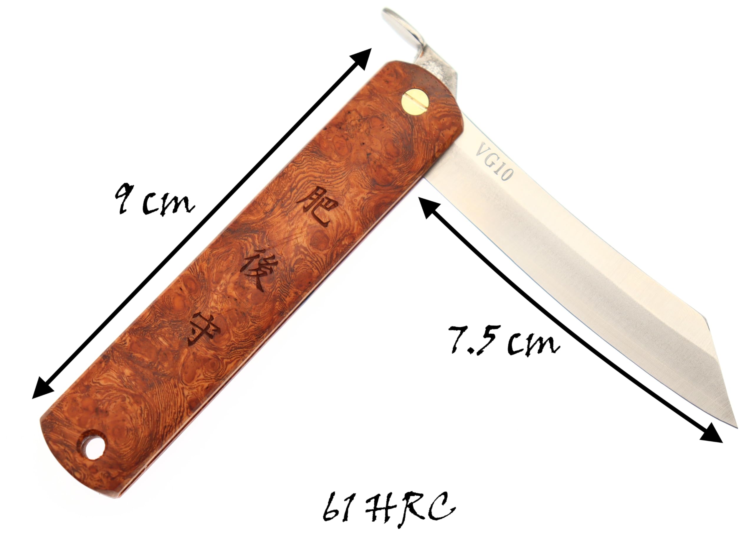 HIGO NO KAMI Handgefertigtes Japanisches Klappmesser von Nagao Kanekoma mit Stempel, Klinge aus VG-10-Edelstahl und Holzgriff, Aufbewahrungsetui, HRC 61 (Padauk Wood)