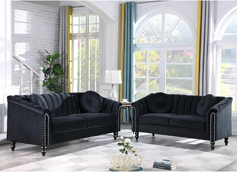 Black Chesterfield Velvet Sofa Couch Set Chair/Loveseat/Sofa - for Living Room Furniture SetsOfficesApartments