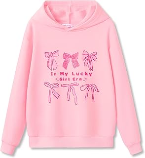 Girls Hoodies Sweatshirts Pullover Cute Graphic Tops Size 6-18 | Girls Bow Tie,Smile Face,Tennis Graphic Prints,No Drawstring Hood for Safety,Lightweight Layer for AC or School,Ribbed Cuffs