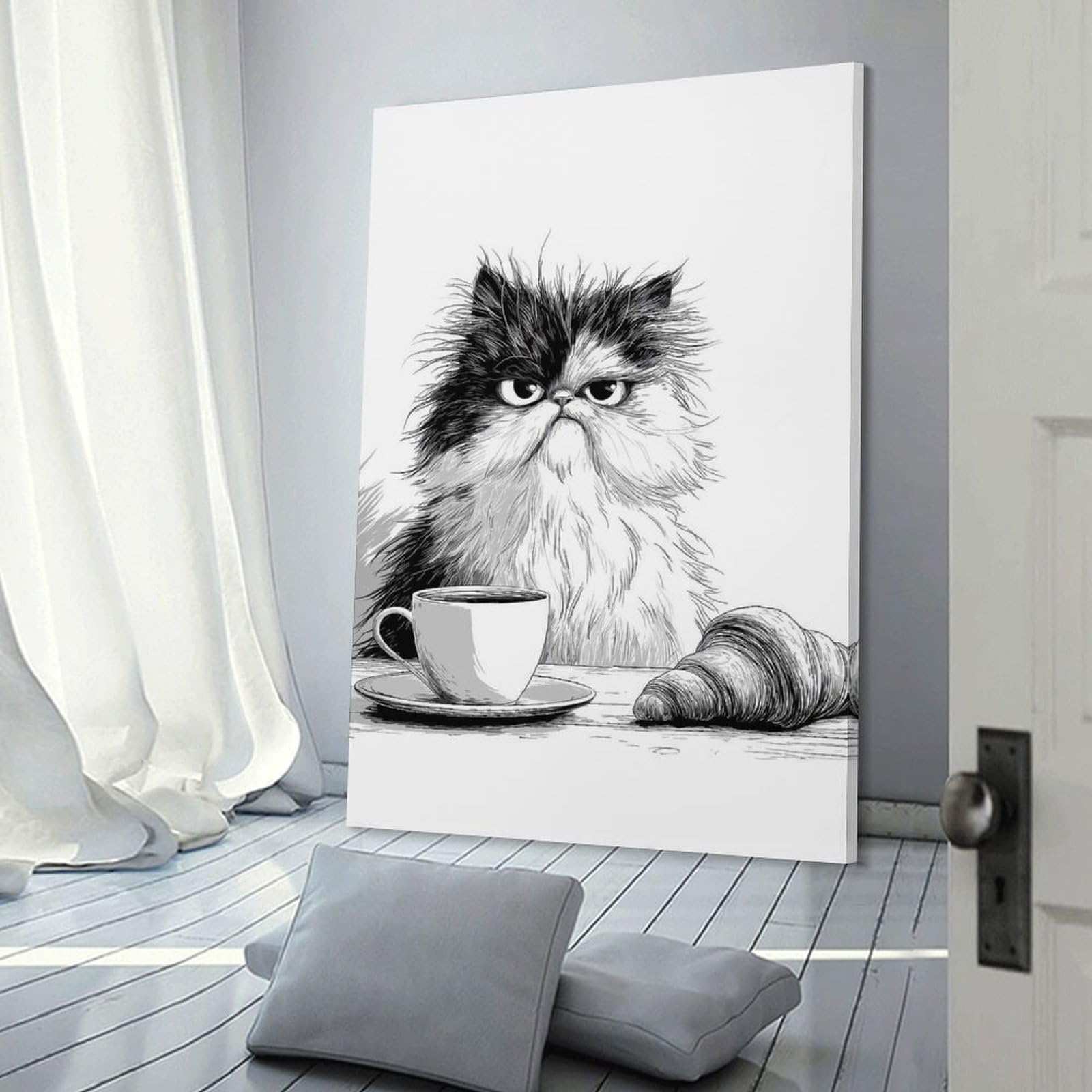 Junmoney Grumpy Cat with Coffee And Croissant Canvas Wall Decor 24x36inch(60x90cm), for Calm Bedrooms, Home Corners Or Flats, A Warm Accent for Relaxed Interiors