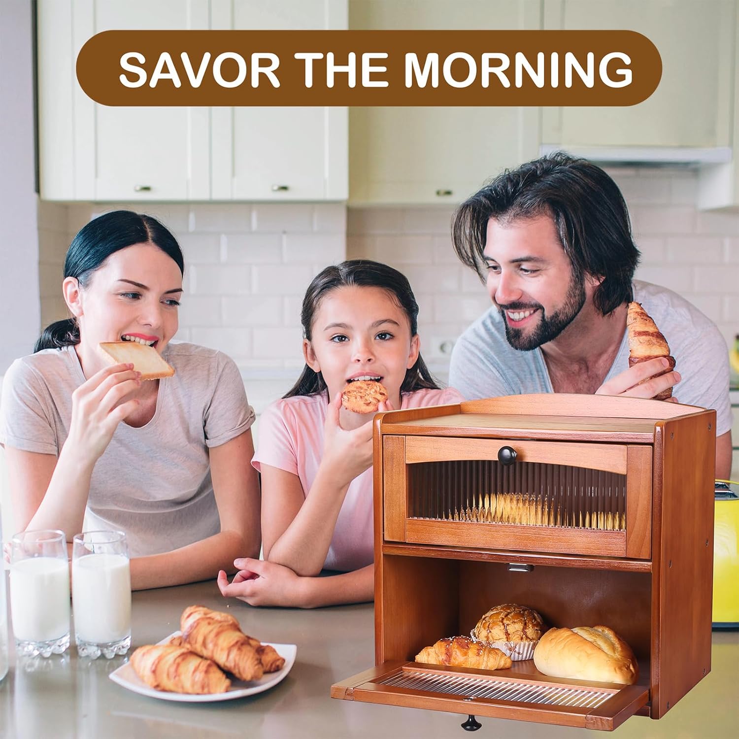 Bread box for Kitchen Countertop Double Layer Large, Solid Wooden Farmhouse Bread Storage Container with Acrylic Window, Bread Holder Organizer Bin for Homemade Bread and Pantry(Teak)