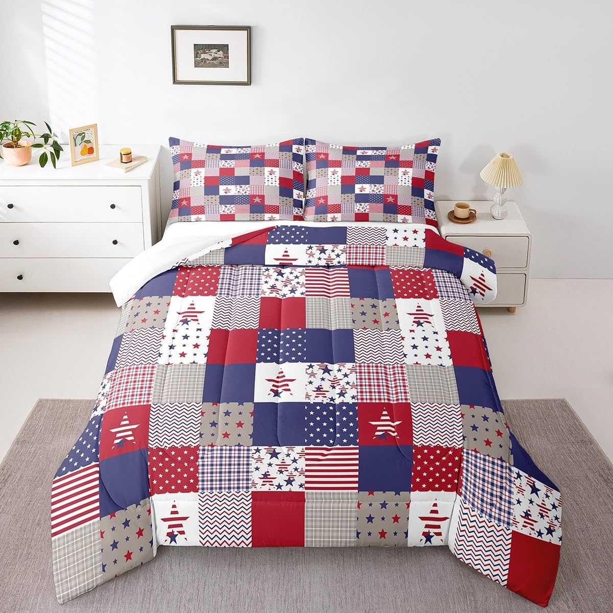 Feelyou Patriotic 4th of July Bedding Set Queen Size Americana Stars Plaid Comforter Set for Adults Women Men Independence Day Duvet Set Red Blue Quilt Set 3Pcs
