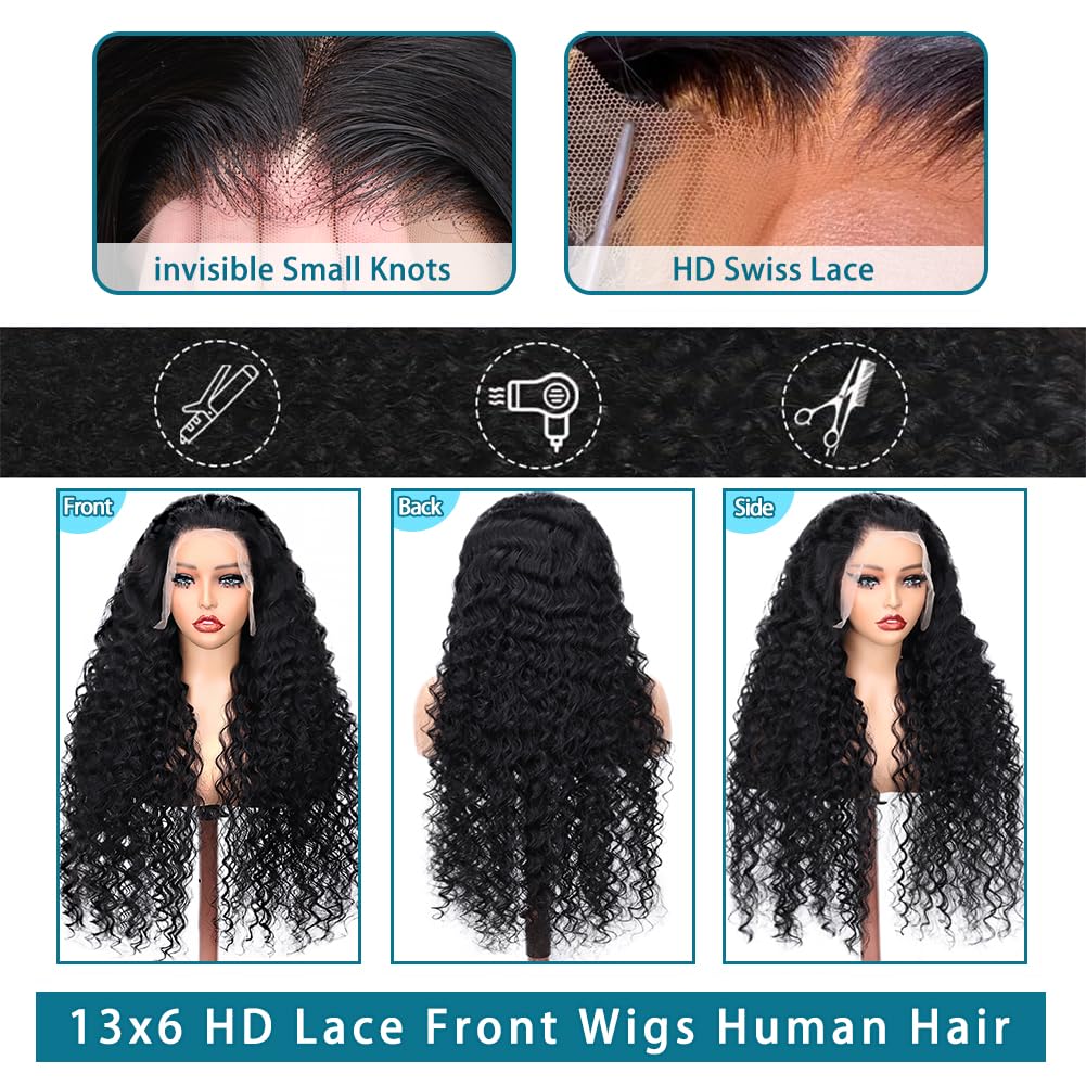 SOSATISFY 26 Inch 13x6 HD Transparent Lace Frontal Wigs Human Hair Deep Wave Wig 13x6 Lace Front Wigs Human Hair Pre Plucked 200 Density Curly Wigs for Black Women Natural Hairline Natural Color