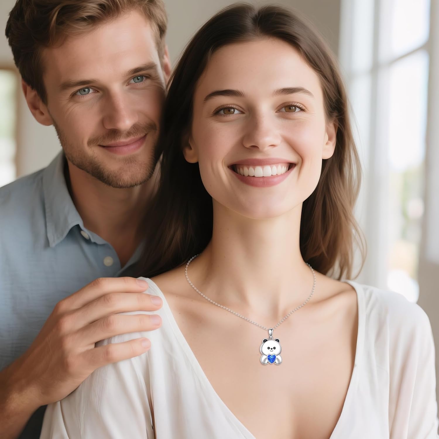 Bear Urn Necklace for Men Women, 925 Sterling Silver 7mm Heart Cut Blue Opal Bear Urn Pendant Necklace, Commemorative Jewelry for Cremated Remains, Remember Loved Ones or Pet, 18+2 Inches