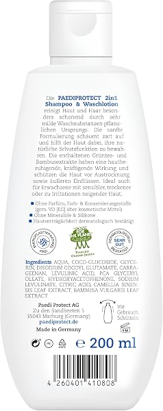 Besuche den PaediProtect- PAEDIPROTECT 2in1 Shampoo & Waschlotion für Babys & Kinder 200 ml, sanfte Reinigung & Haar ohne Parfüm & Mikroplastik, Duschgel spendet Feuchtigkeit für trockene, sensible Haut auch Erwachsene in use