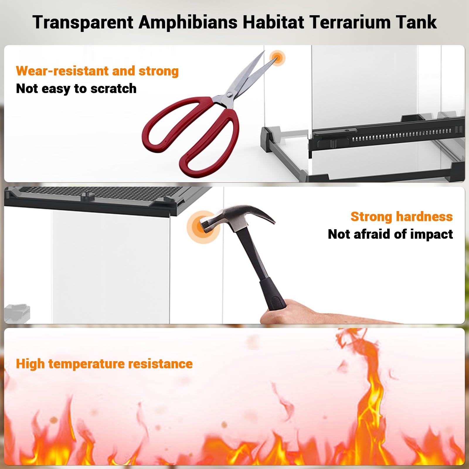 Caja de alimentación para reptiles, terrario con ventilación frontal, terrario de cristal con cierre giratorio a prueba de fugas, recipiente multiusos para reptiles, anfibios, negro, 20 x 20 x 30 cm