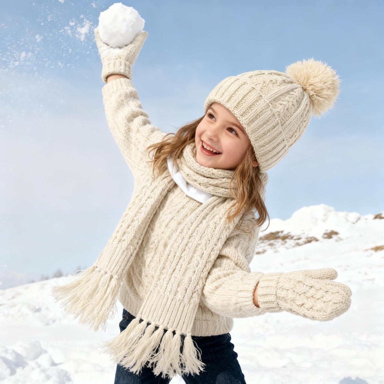 Kids Winter Beanie Gloves Scarf Set Girls Beanie with Pom Knit Neck Warmer Gaiter Mittens Warm Fleece Lined Set - Image 7