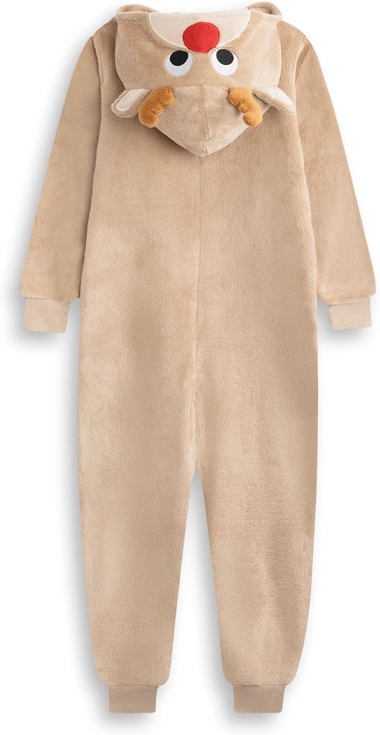 Reindeer Boys Beige Hooded Onesie | Zip-Up Fluffy Fleece Sleepwear | Unisex Kids Christmas Loungewear