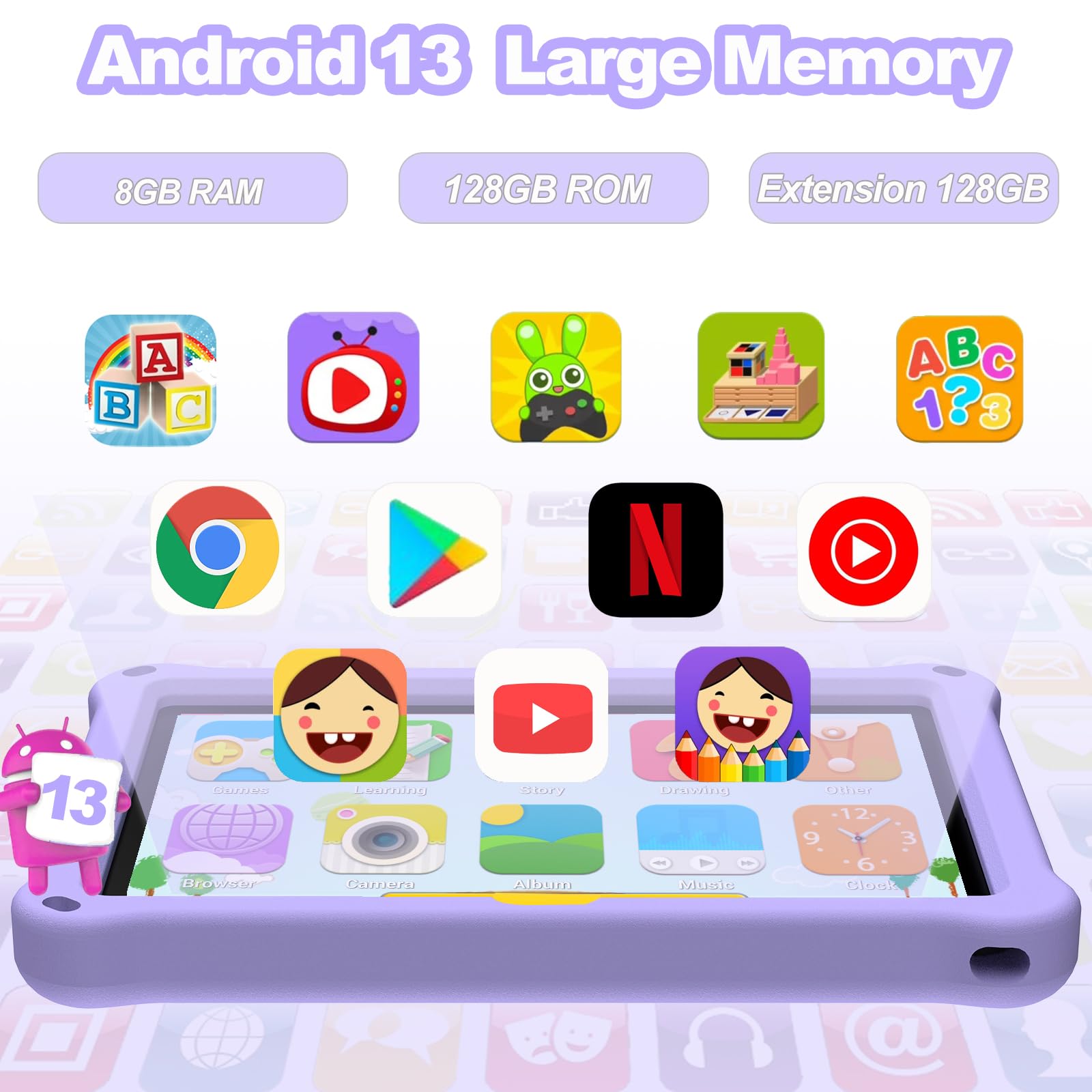 Tablet Bambini 10.1 Pollici, Android 13 Educativo per Bambini 8GB RAM 128GB Rom,Controllo Parentale,6000mAh,WiFi FHD 1280x800 per Tablet PC 3 a 6 Anni con Custodia,Viola