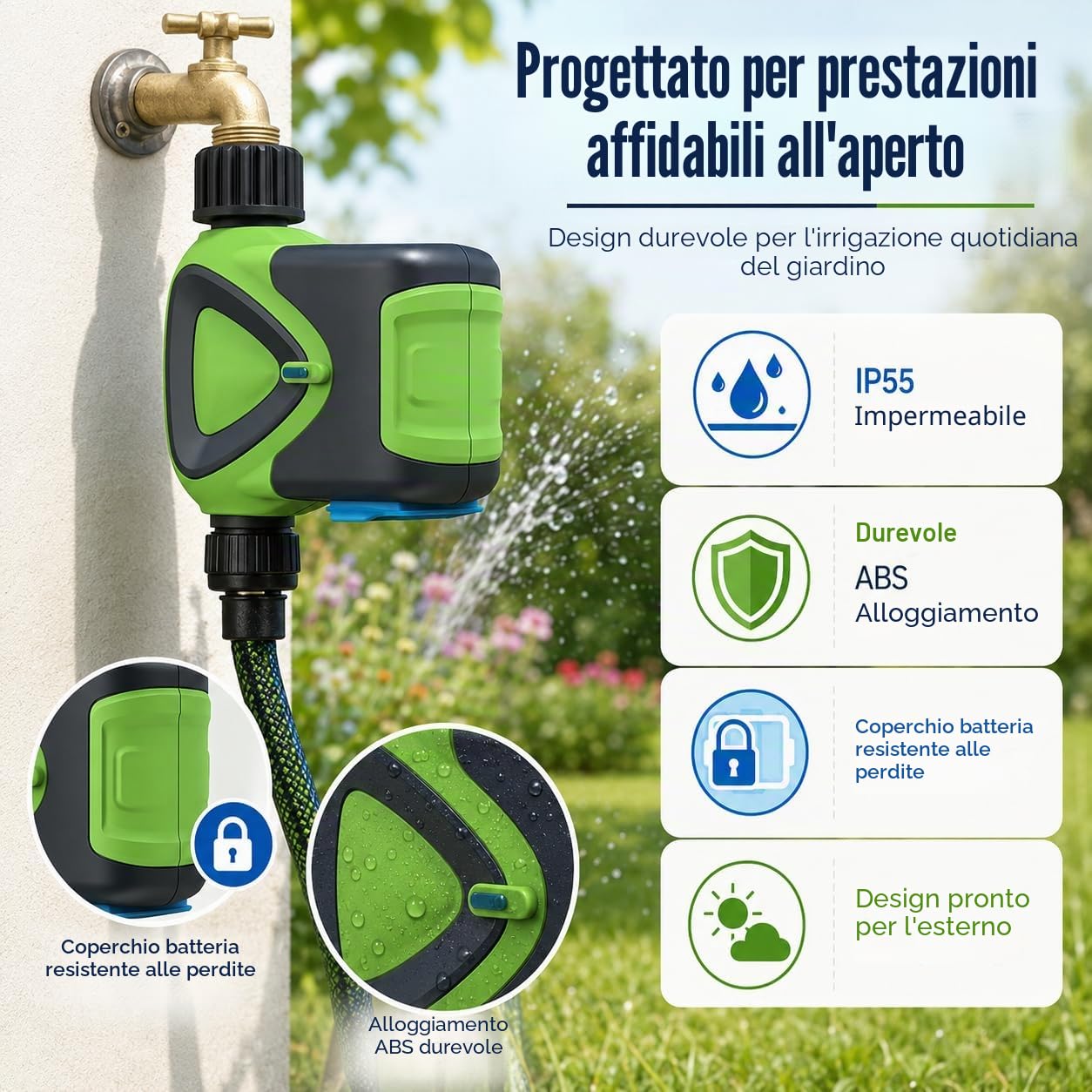 Timer Irrigazione WiFi senza Hub, Programmatore Irrigazione Smart con Controllo App 2,4 GHz, Irrigazione Automatica, Conto alla Rovescia, Programmazione, IP65 per Giardino Prato Serra