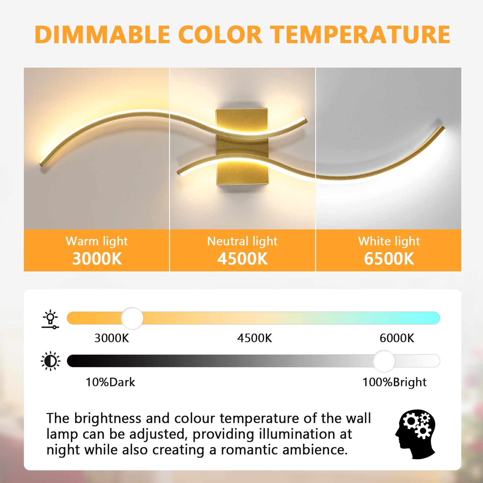 Goeco Applique LED da Parete Interni, 32W 80 CM Luci da Parete Dimmerabile Lunga con Telecomando 3000K-6500K con 2 Luminosi Ondulati per Soggiorno, Camera da Letto, Dorato