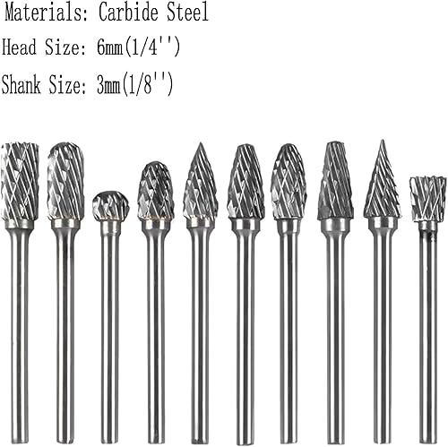 Miniatura 5 de 10piezas de carburo de tungsteno Rotary Juego de fresas de vástago 18 pulgadas, Fit Dremel para herramientas de bricolaje, tallado, grabado,