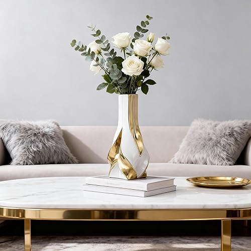 Miniatura 2 de Jarrón de cerámica blanca y dorada de 10.6 pulgadas de alto, decoración moderna y elegante para el hogar, sala de estar, centro de mesa, escritorio,