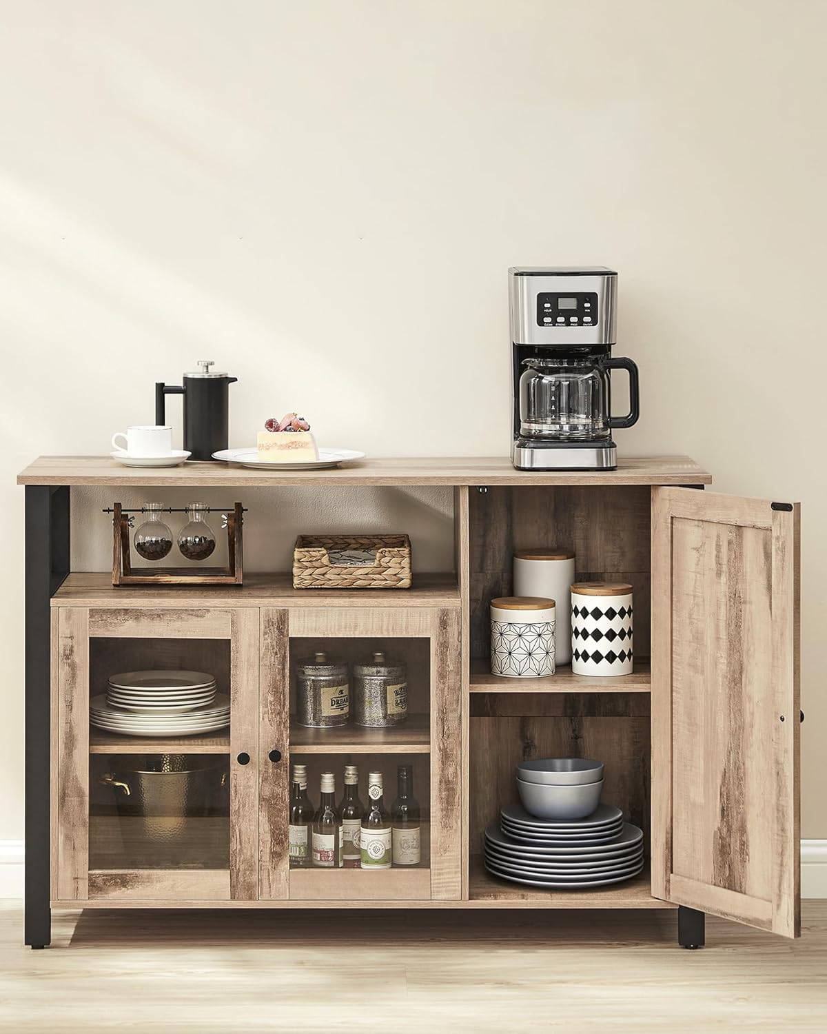 Image showing the interior of the VASAGLE LSC096B50 cabinet with various kitchen items stored, demonstrating its storage capacity.