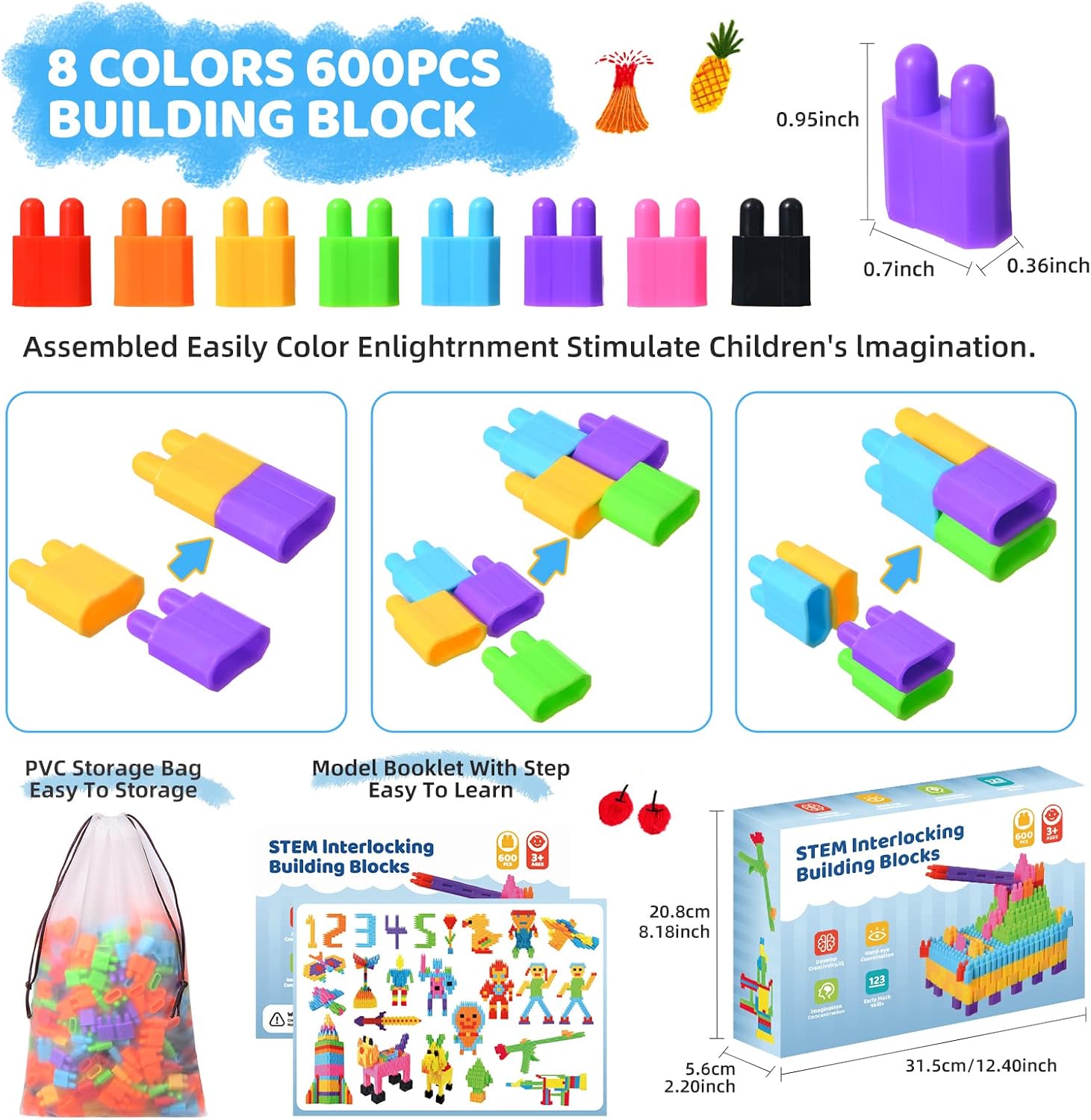 KLAOLPES Kids 600 Pcs Set Building Blocks Construction Toy - Interlocking Learning Set STEM Toy Set Education Kit Building Children's Toys Development Kindergarten Toy