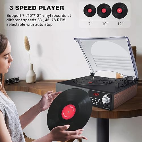 Miniatura 9 de Tocadiscos Bluetooth, tocadiscos de 3 velocidades, tocadiscos de vinilo, radio FM con 2 altavoces estéreo incorporados, 33, 45, 78 RPM, reproductor