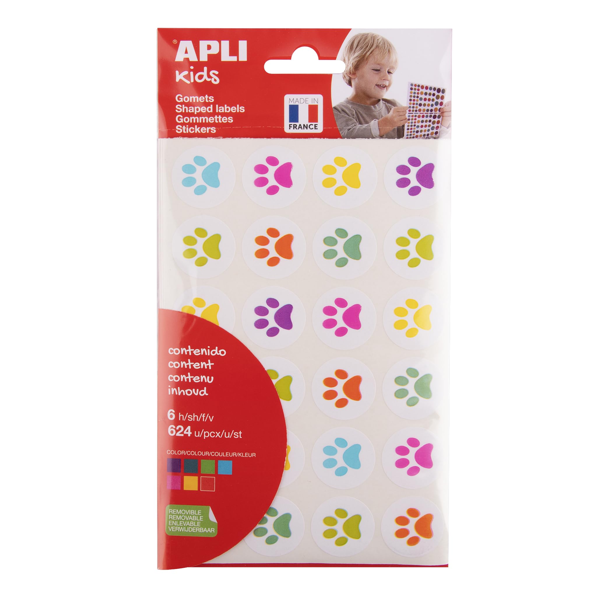 APLI Kids 19721 - Pouch of stickers representing kitten prints - Assorted colours. 6 sheets of "kitten prints" stickers - repositionable adhesive.