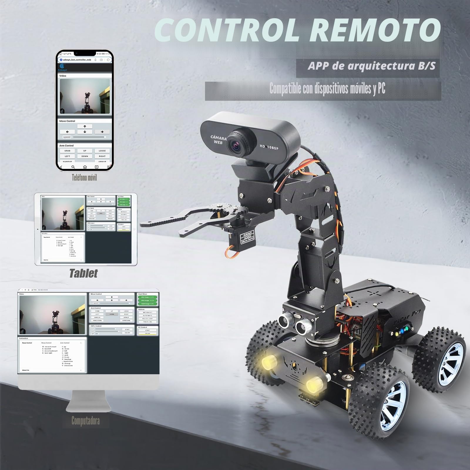 Adeept PiCar Pro V2 Smart Robot Car Kit with 4-DOF Robotic Arm for Raspberry Pi 5/4/3(Pi NOT Included), Programming Educational STEM Project Robotics, Obstacle Avoidance, Line Tracking, USB-C Charging