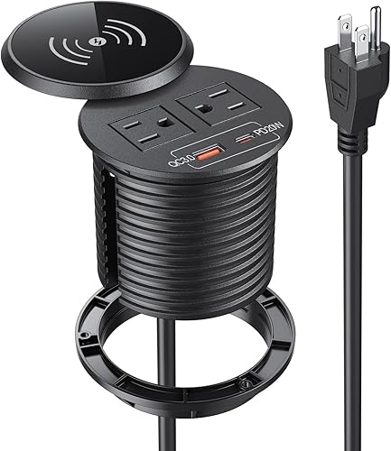 PD - Ojal de alimentación de escritorio USB C de 20 W con cubierta de cargador inalámbrico de 10 W, regleta de alimentación empotrada con USB A de