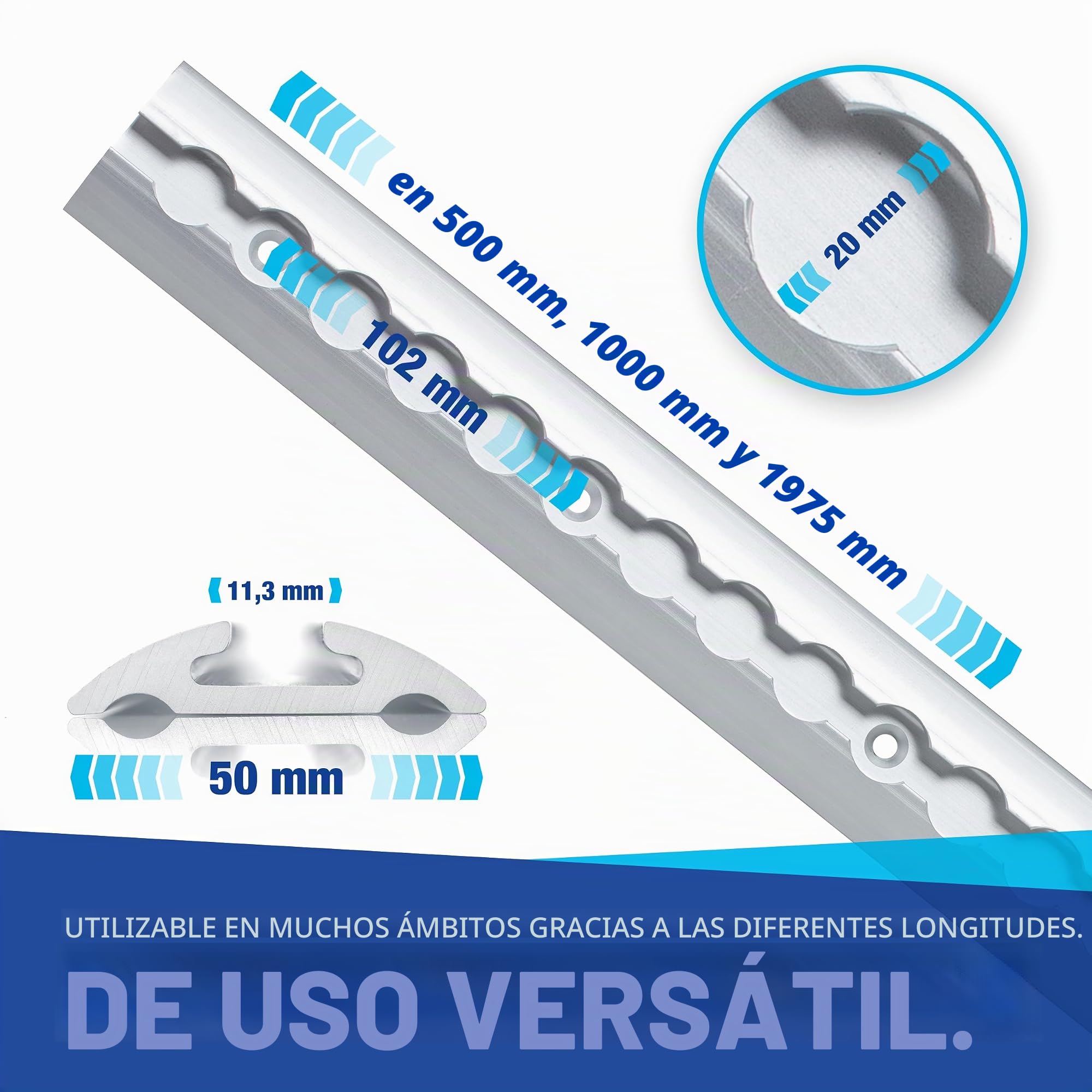 NTG - Riel de anclaje de aluminio de 4 x 1 m, forma semiredonda, con perforaciones, 1 m - 1000 mm, set de iniciación, con 20 conectores de aluminio y 8 tapas