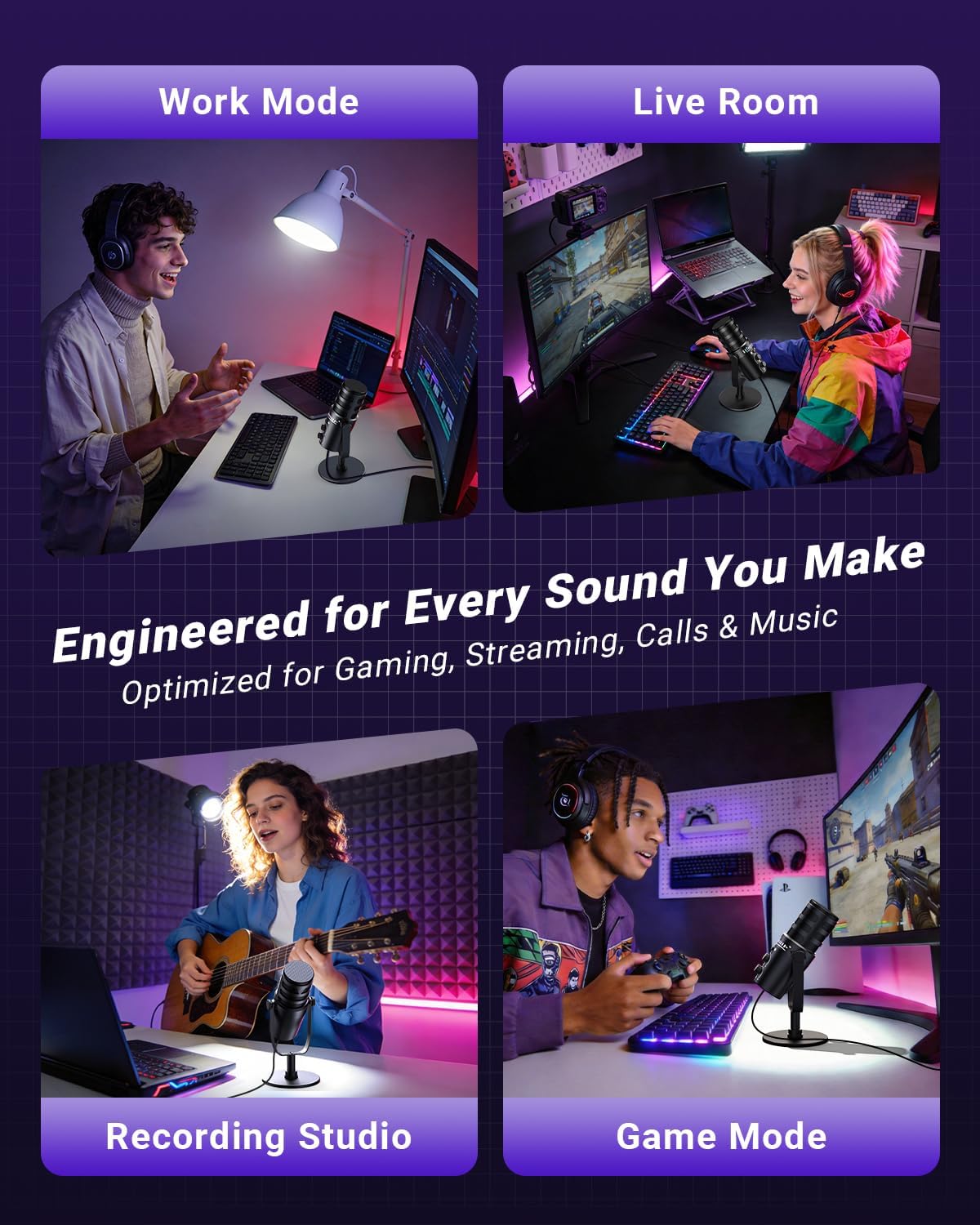 Gaming Microphone for PC, USB Computer Mic with Mute Button, LED Status Light, Gain Control and Headphone Jack, Plug-and-Play for Streaming, Discord, Twitch, YouTube, Podcast, Mac/Windows/PS5