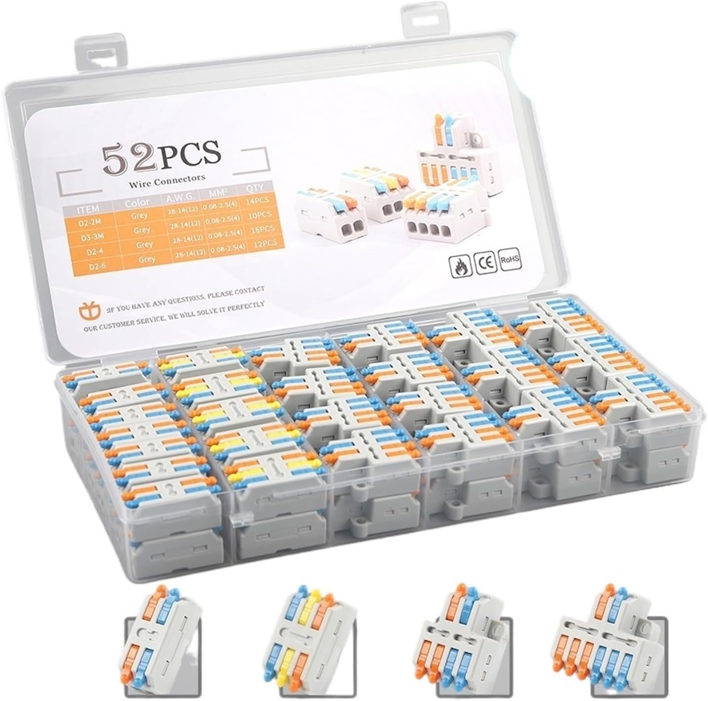 Mini Fast Wire Connector Boxed Kit Quick Butt Splicing Terminal Block Lever Compact Electrical Cable Splitter Wiring Connectors(D2346GR 52PCS Box)