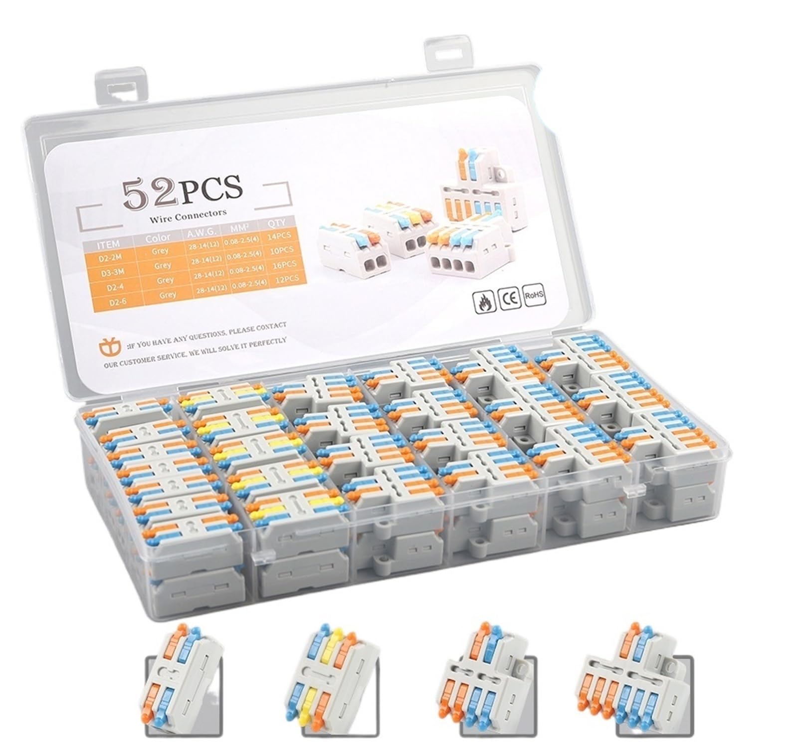 Mini Conector de Cable rápido en Caja, Kit de Empalme a Tope rápido, Palanca de Bloque de terminales, Conectores de cableado Divisor de Cable eléctrico Compacto(D2346GR 52PCS Box)