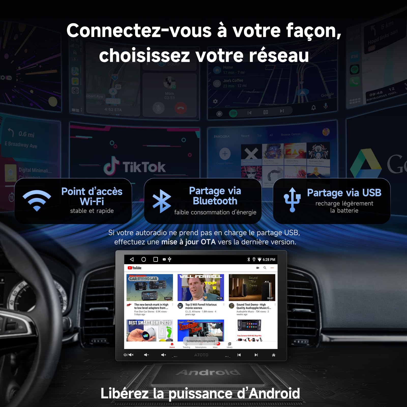 A5L 10.1 Pouces 2 DIN & 1 DIN Adaptatif Autoradio Android, Écran Flottant Voiture, CarPlay & Android Auto sans Fil, 24 Bandes, Suivi GPS, Caméra de Recul, HD LRV, 2G+32G, DSP/FM/RDS