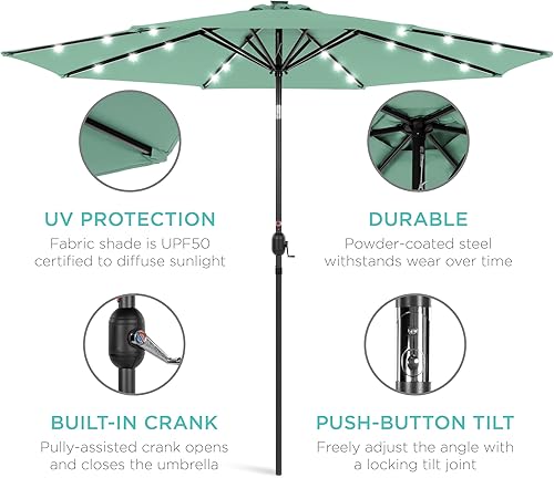 Vista 368 de Best Choice Products - Sombrilla solar de 7.5 pies para exteriores, patio, mesa, mercado, terraza, piscina con inclinación, manivela, luces LED