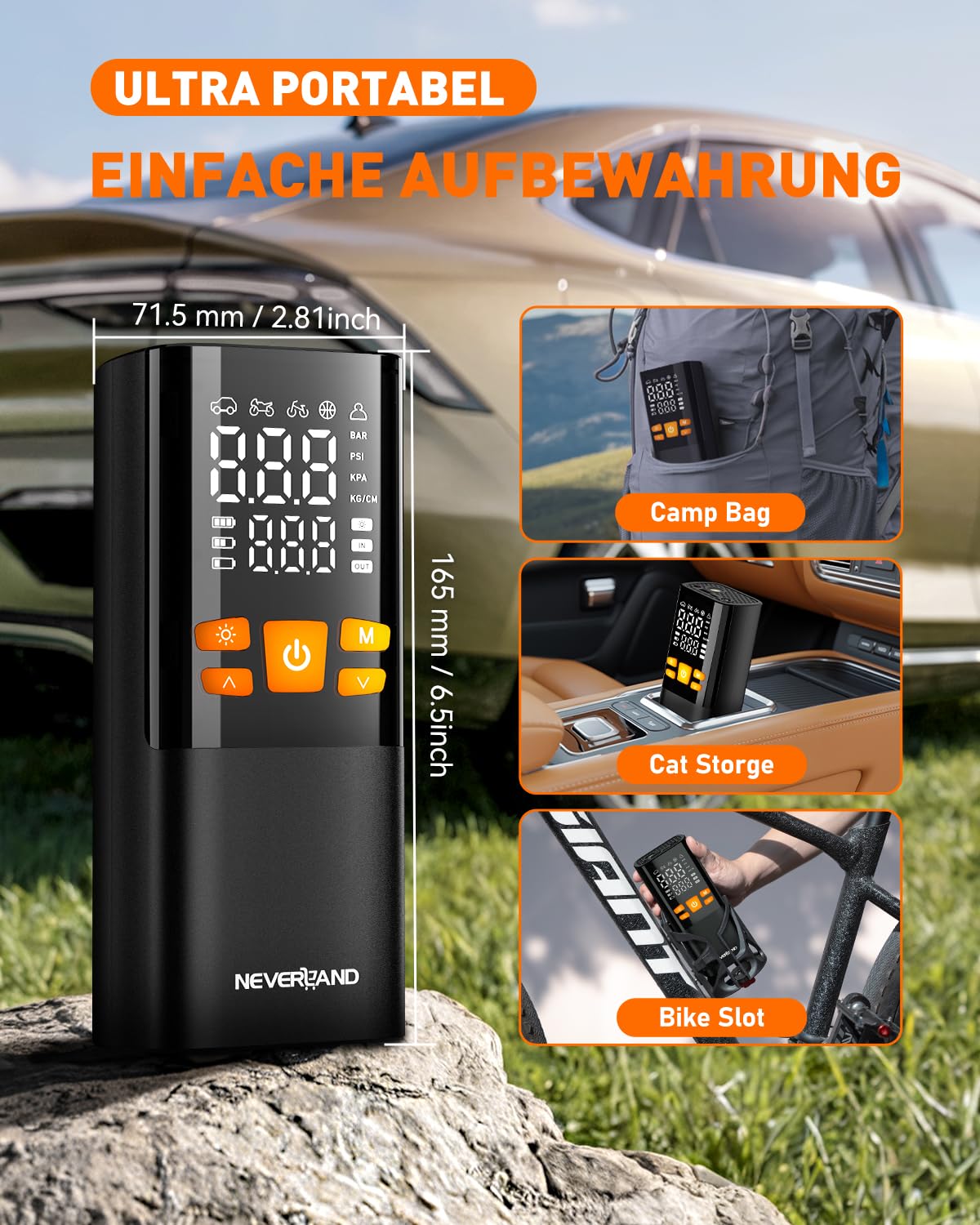 NEVERLAND Elektrische Luftpumpe Akku Kompressor, 10,3Bar/150 PSI, 16000mAh, tragbare Fahrradpumpe mit Auto-Stopp, Manometer, LED-Licht & Powerbank, für Auto, Motorrad, Fahrrad und Bälle - 5