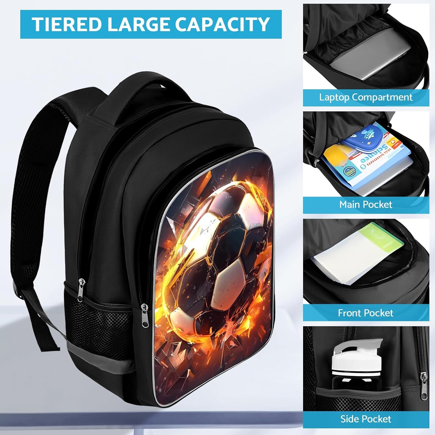 School Backpack for Boys - Soccer Boys Backpack for Kids Children Teens Elementary Middle School - Students Bag for Ages 6-18,17″Bookbag Multifunctional Large Capacity - Image 5