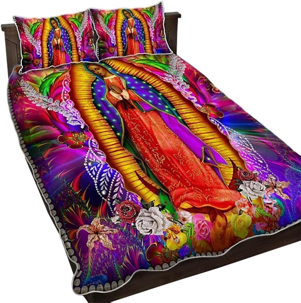 Our Lady Of Guadalupe Saint Virgin Mary Quilt Bed Set with 2 Pillowcases, Flower All Season Soft Cotton Lightweight Quilted Bedspread Coverlet, Gift For Virgen de Guadalupe Lovers Xmas (Abtract, Twin)
