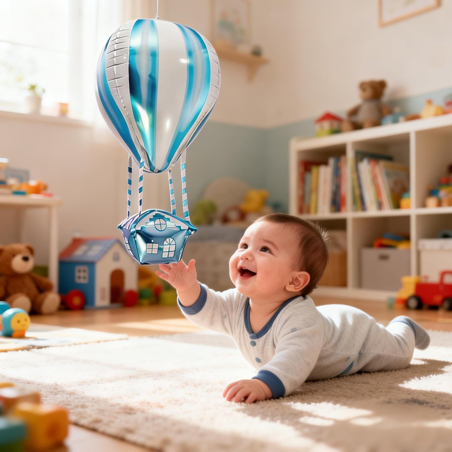 NUOBESTY 4D Hot Air Balloon Foil Balloons 35 Inch Blue Helium Mylar Floating Aluminum Decorations for Kids Birthday Party Baby Shower Nursery Room Decor Supplies (4pcs)